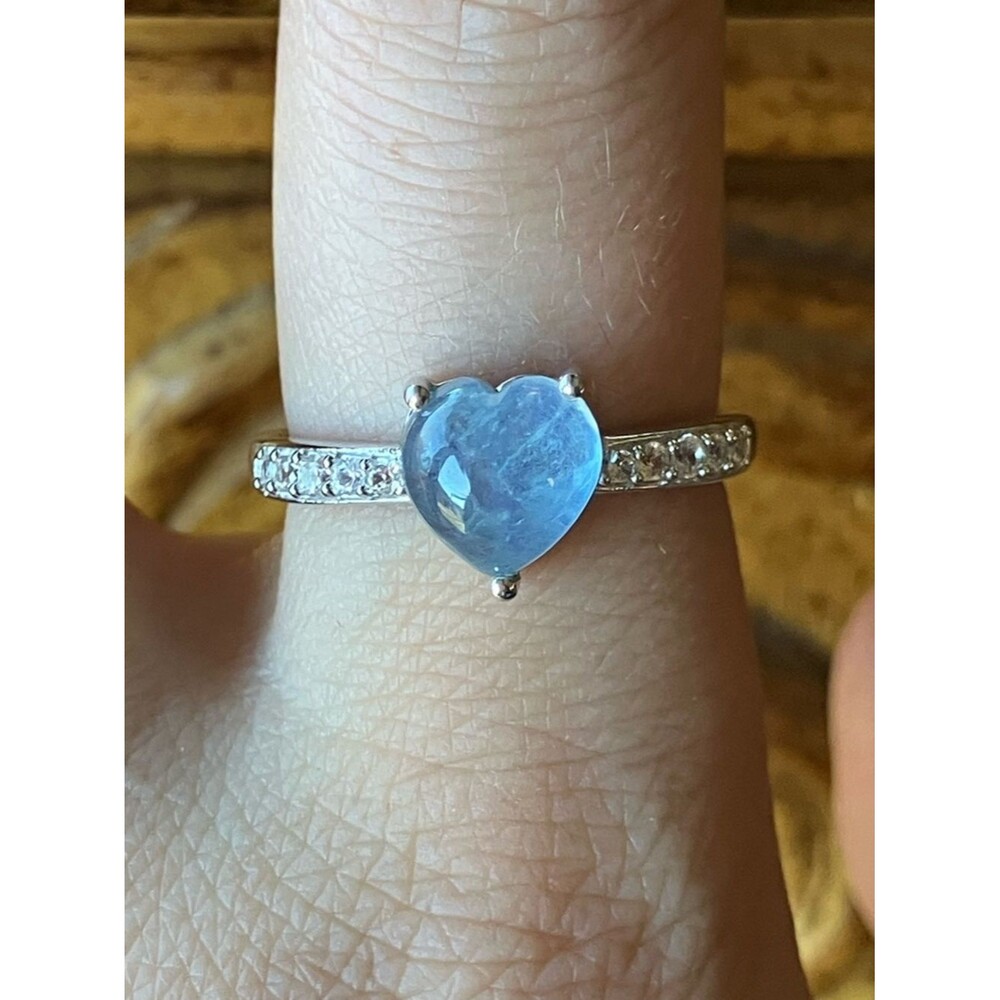 Genuine Aquamarine Sterling Silver Heart Ring Size 8.75